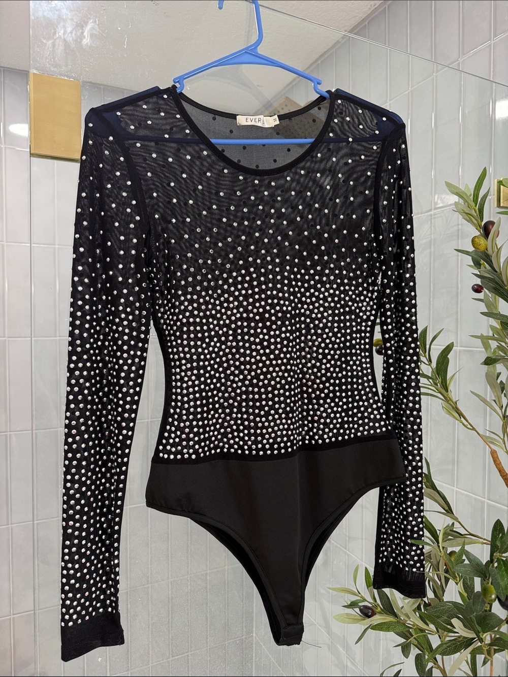 Black Rhinestone Mesh Long-Sleeve Bodysuit